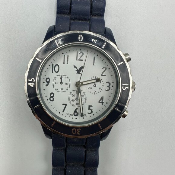3/$30 American Eagle Watch Men Silver Tone Blue Faux Chronograph Silicone Band - Picture 1 of 13